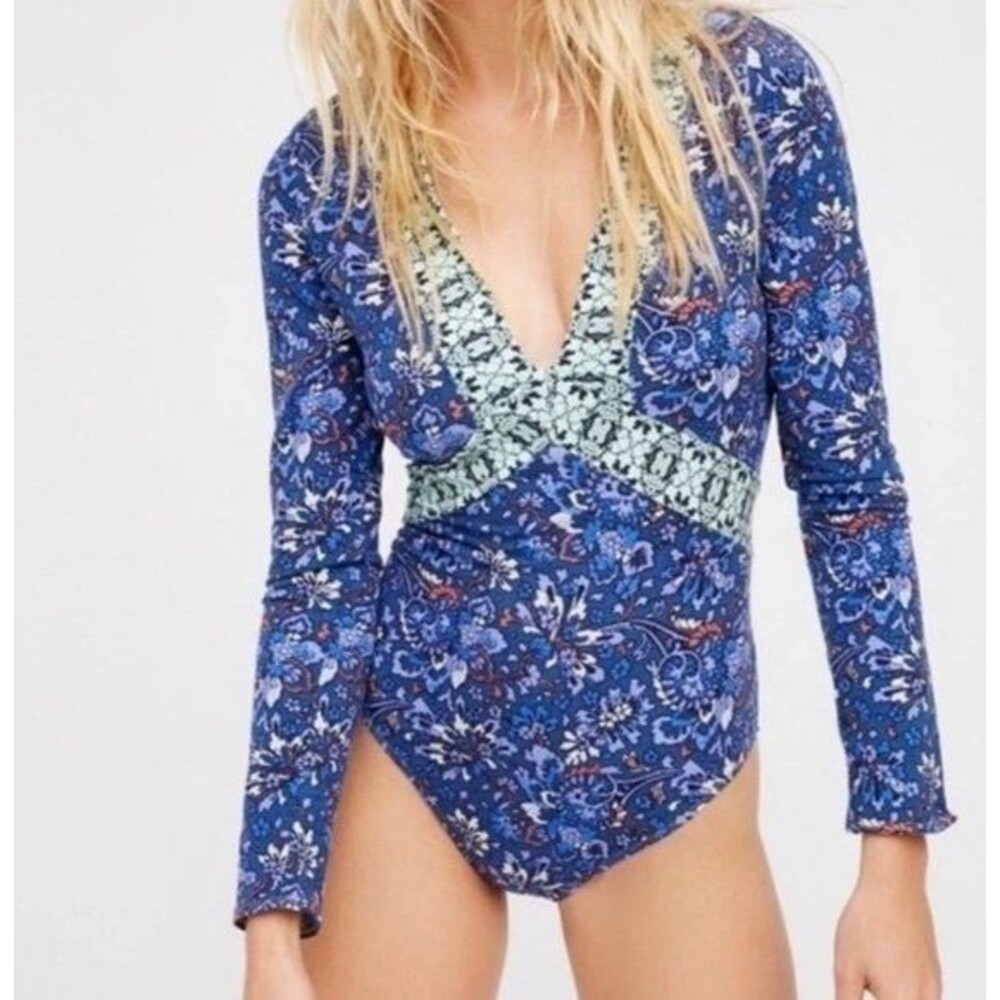 Free People Nowhere To Be Bodysuit in Blue Combo Size XS - Picture 6 of 6